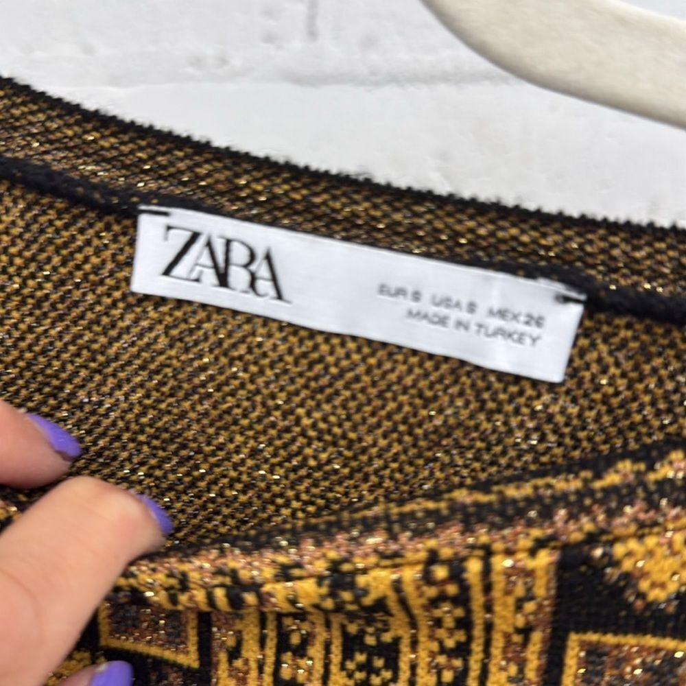 ZARA Black and Gold Long Sleeve Patterned Dress - Picture 2 of 3